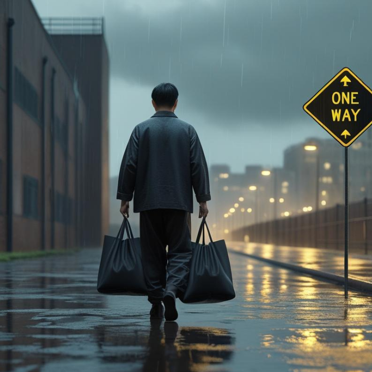 A person carrying bags walks away on a rainy street, next to a "One Way" sign.