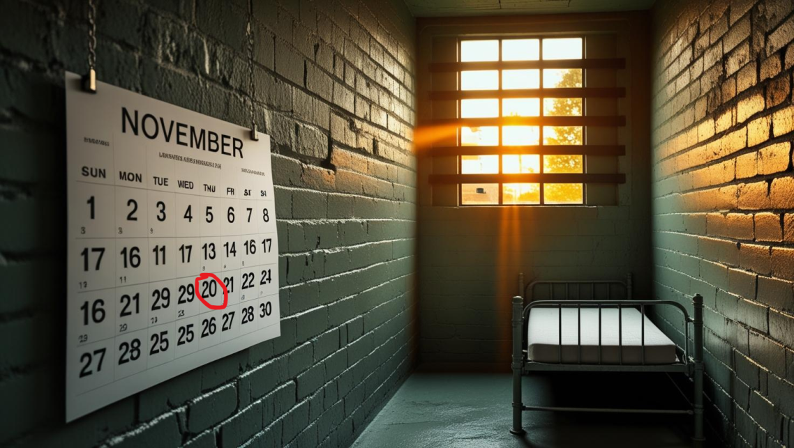 A dimly lit prison cell with a calendar showing November and sunlight through bars.